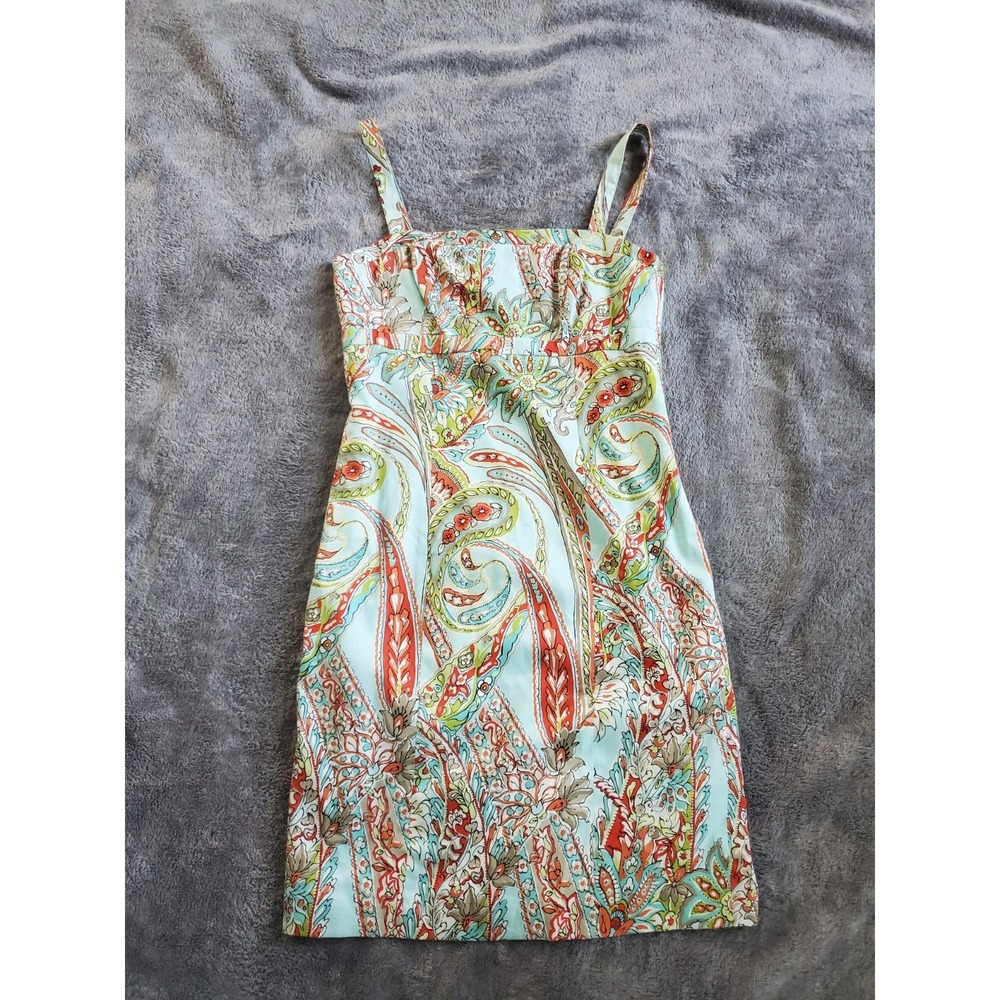 Tommy Bahama Blue Orchid Sunset Paisley Tropical Cotton Dress SILK Lined Size 6 - Picture 2 of 8
